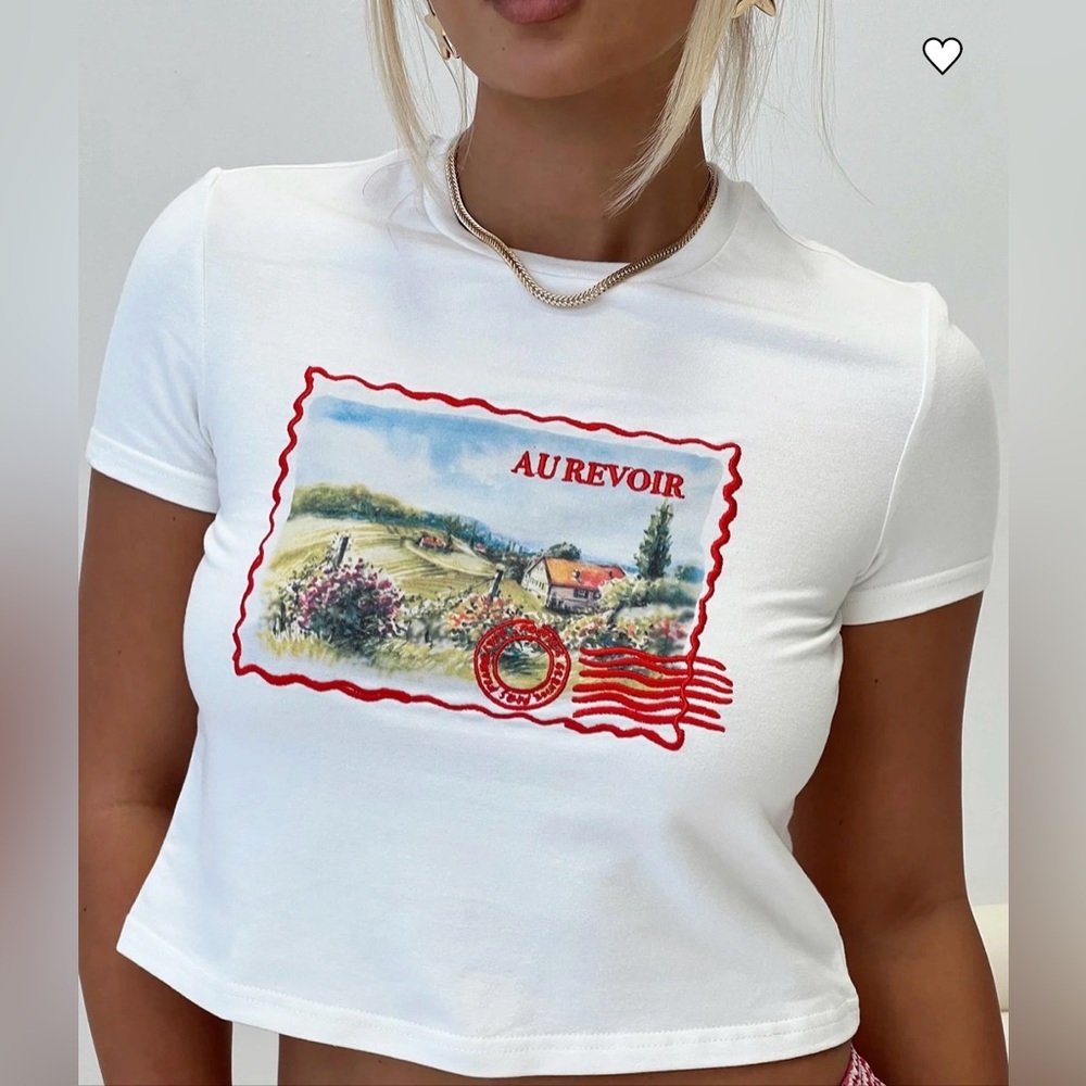 NWT Rebellious One Blue Short Sleeve Graphic Crop Tee with Red Accent